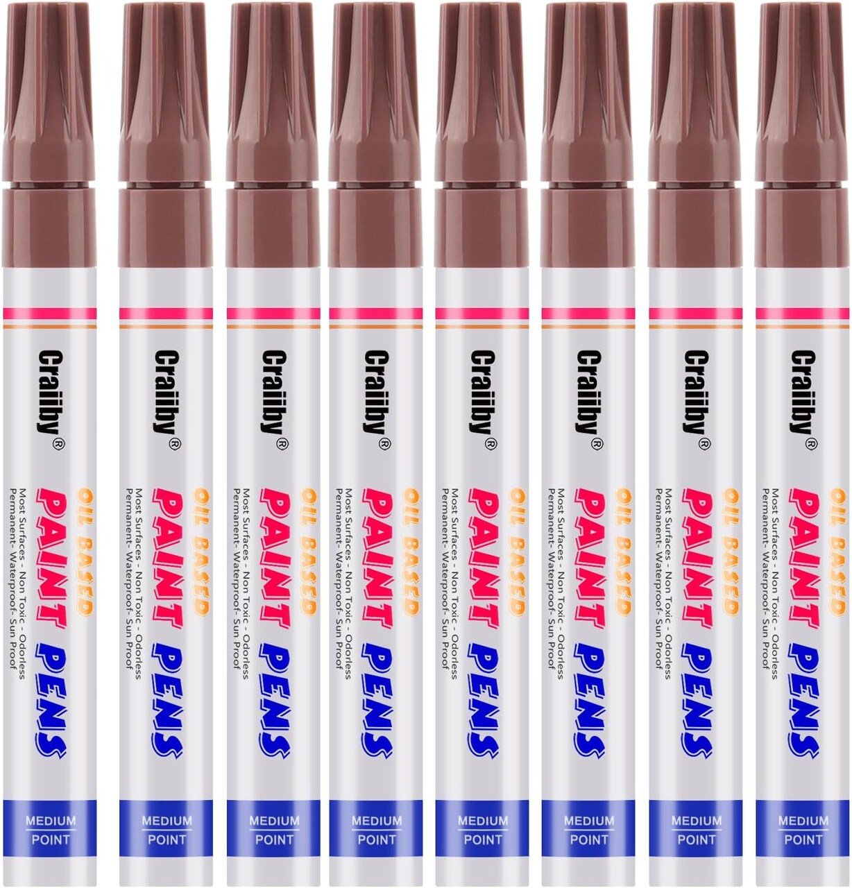 Brown Paint Markers, 8 Pack Oil-Based Waterproof Quick Dry Permanent Paint Pen Set for Rocks Painting, Wood, Fabric, Plastic, Canvas, Glass, Mugs, Metal, Tire, Stone, DIY Craft